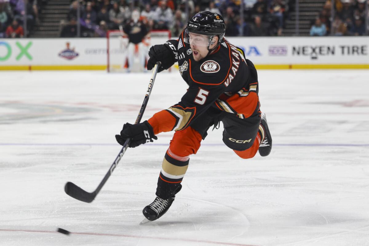 Ducks defensemen Urho Vaakanainen shoots during a loss to the St. Louis Blues at Honda Center on Sunday.