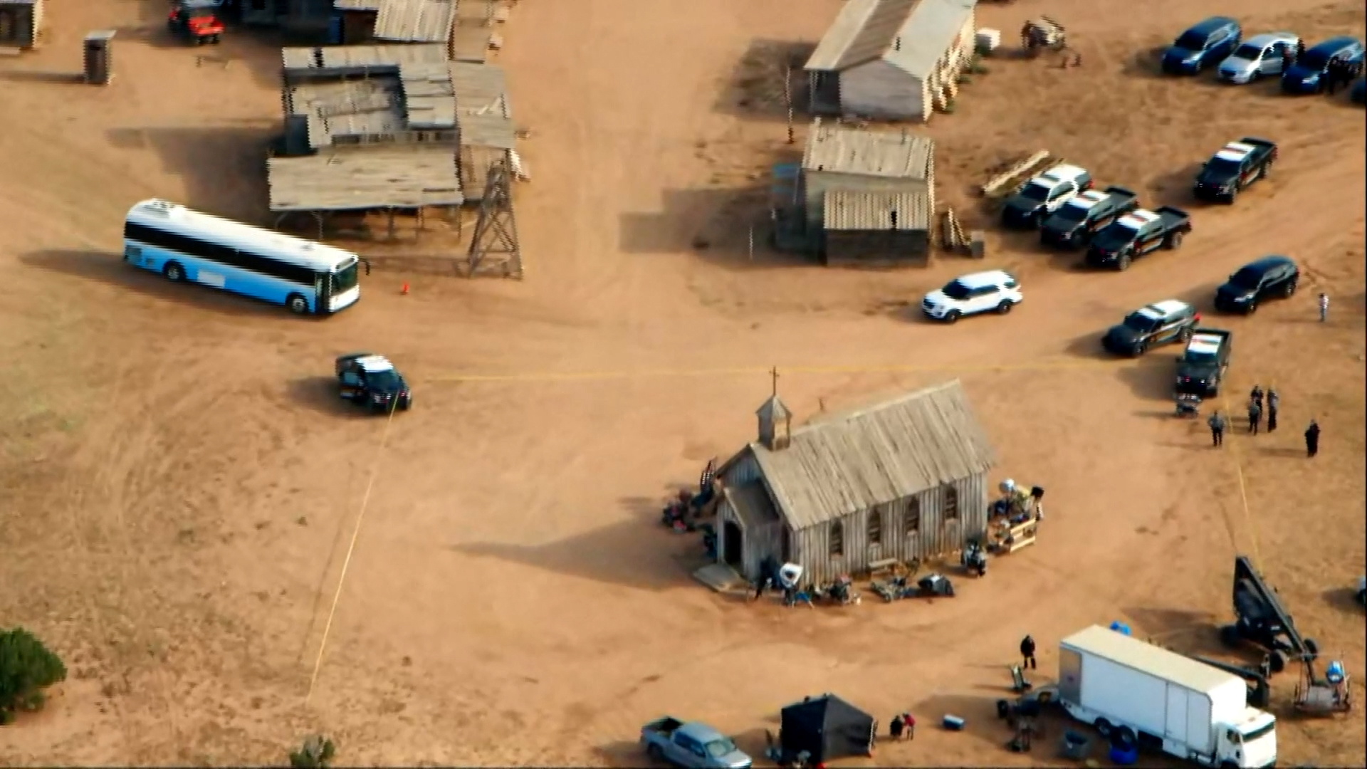 An aerial view of the film set on Bonanza Creek Ranch, in New Mexico