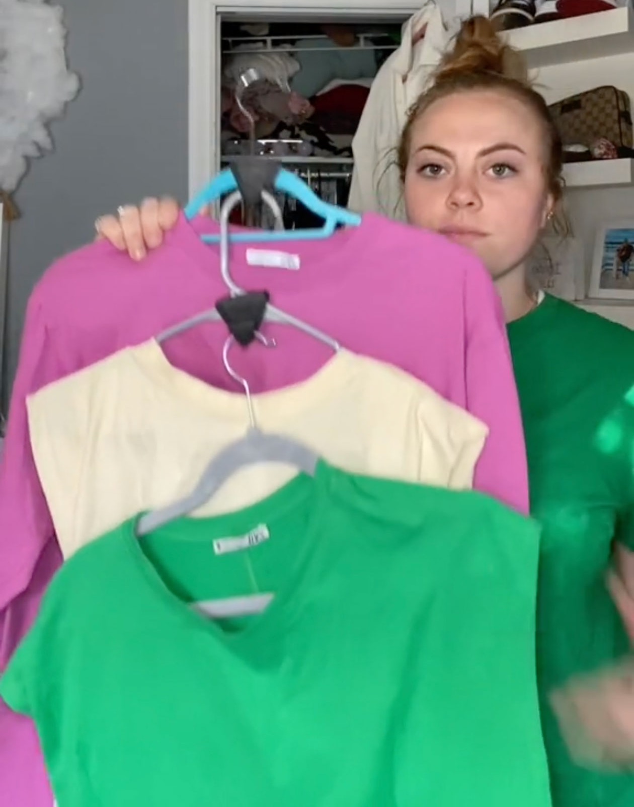 She used Ruby Space Triangles, available on Amazon, to make her closet tidier and save on space