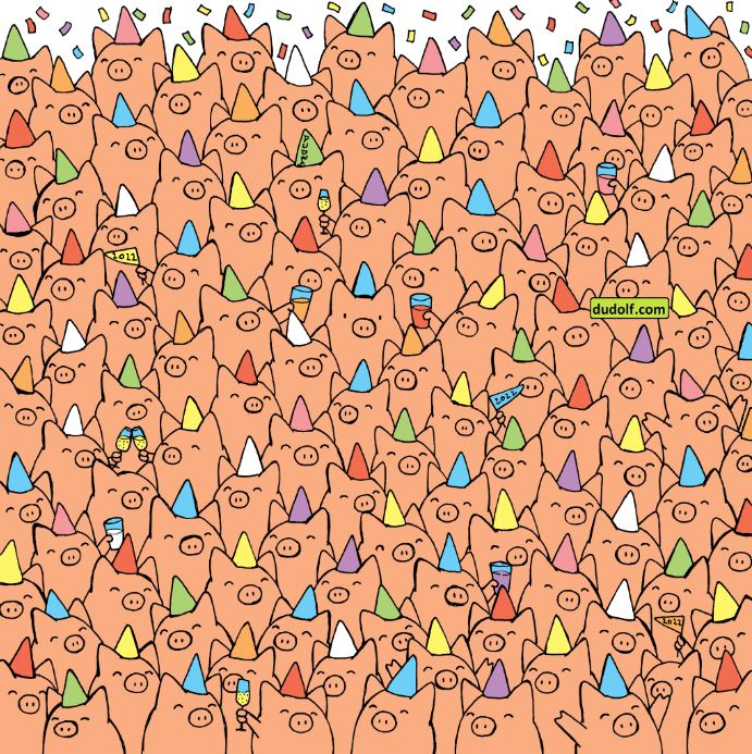 The artwork shows a large group of pigs celebrating