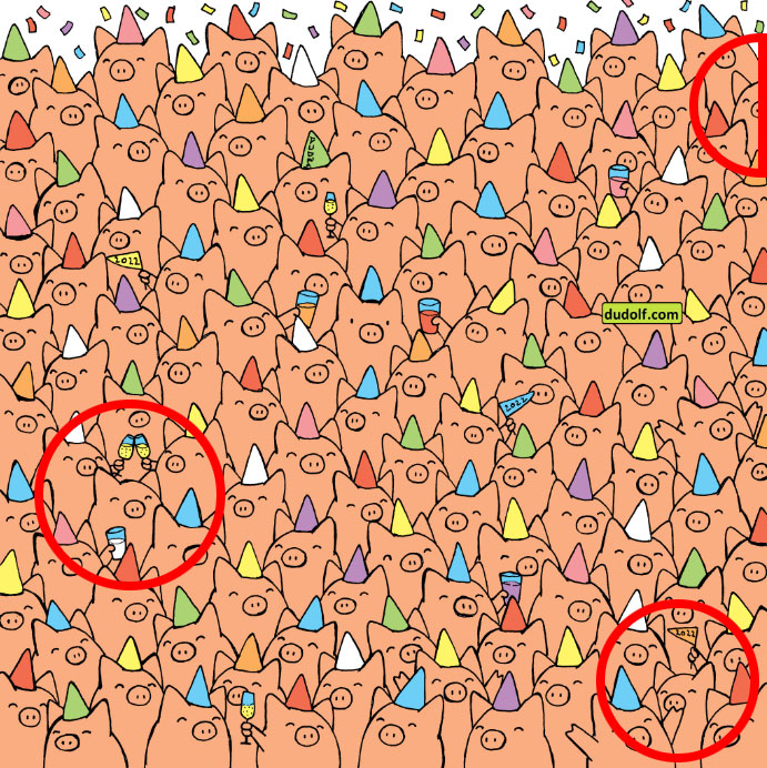 The three pigs are found at the edges of the image