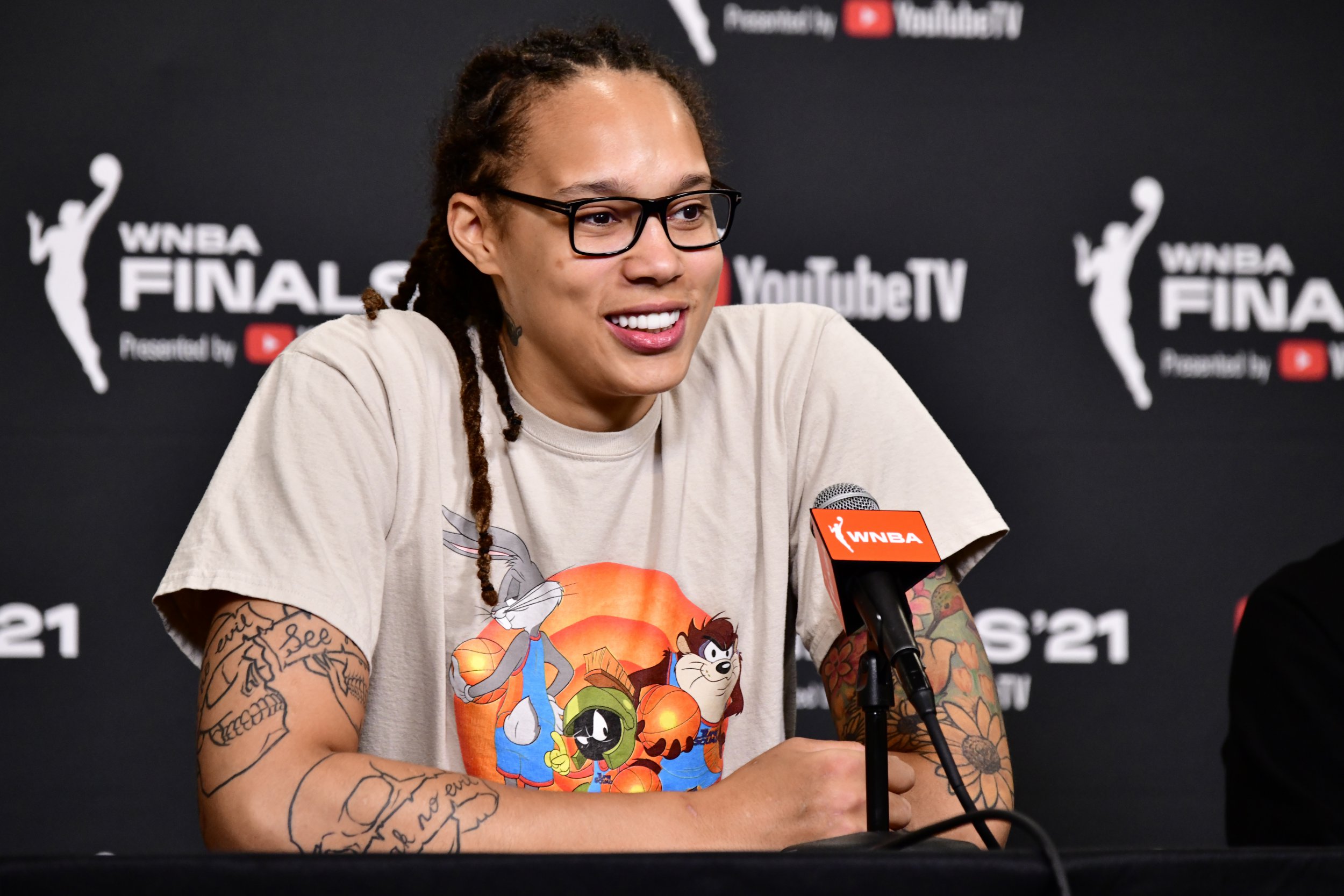 Brittney Griner, #42 of the Phoenix Mercury, talks to the media after Game One of the 2021 WNBA Finals on October 10, 2021