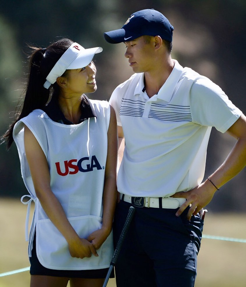 Zhu is often spotted on the PGA Tour caddying for her man - but she is a handy player herself