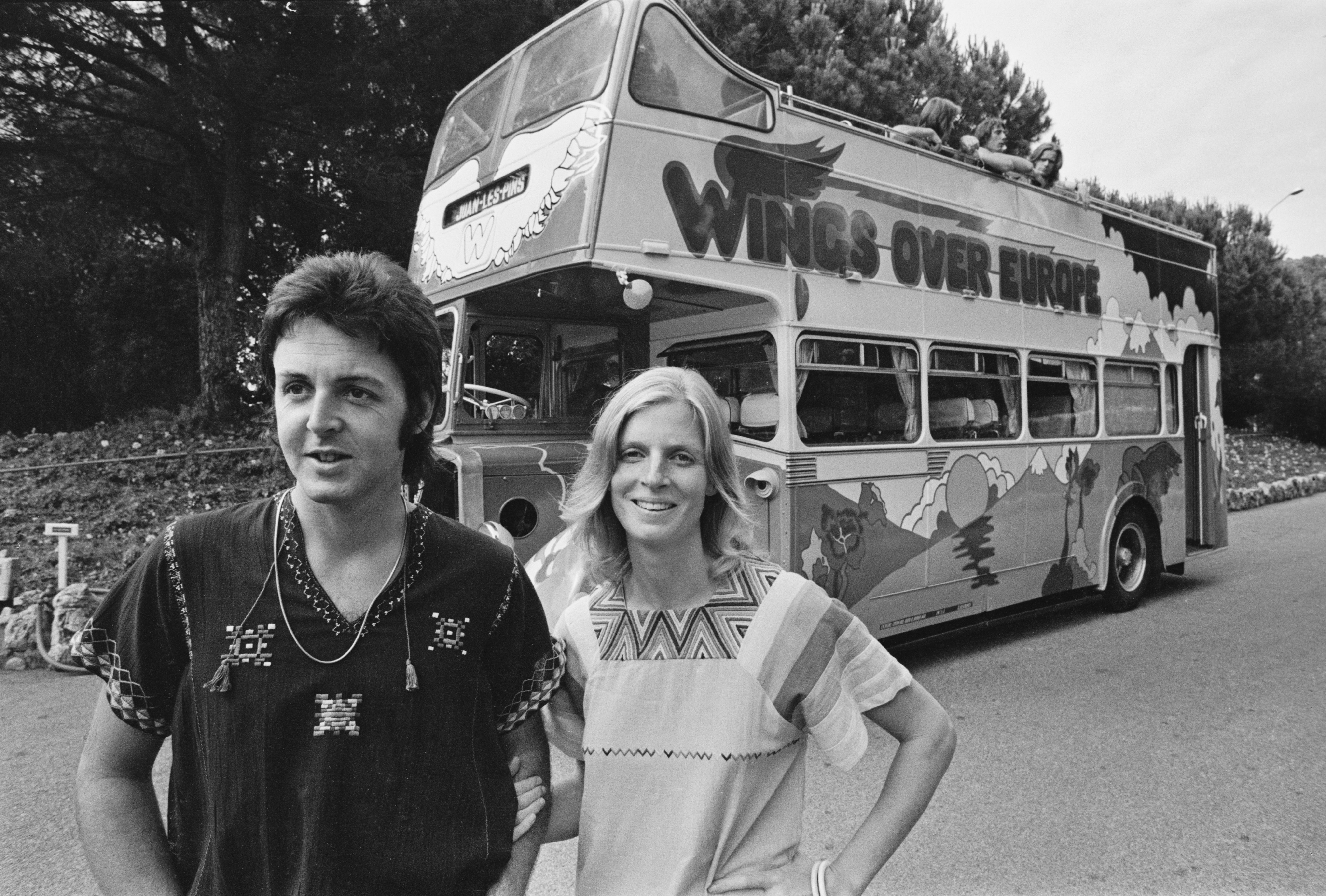 The Beatles star and American photographer and late wife Linda by the bus in Juan-les-Pins, France, July 12, 1972