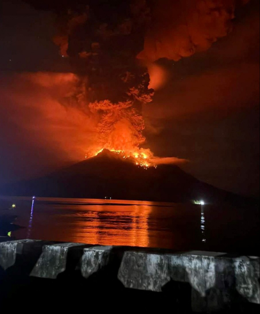 Molten lava pouring from Mount Ruang in Indonesia