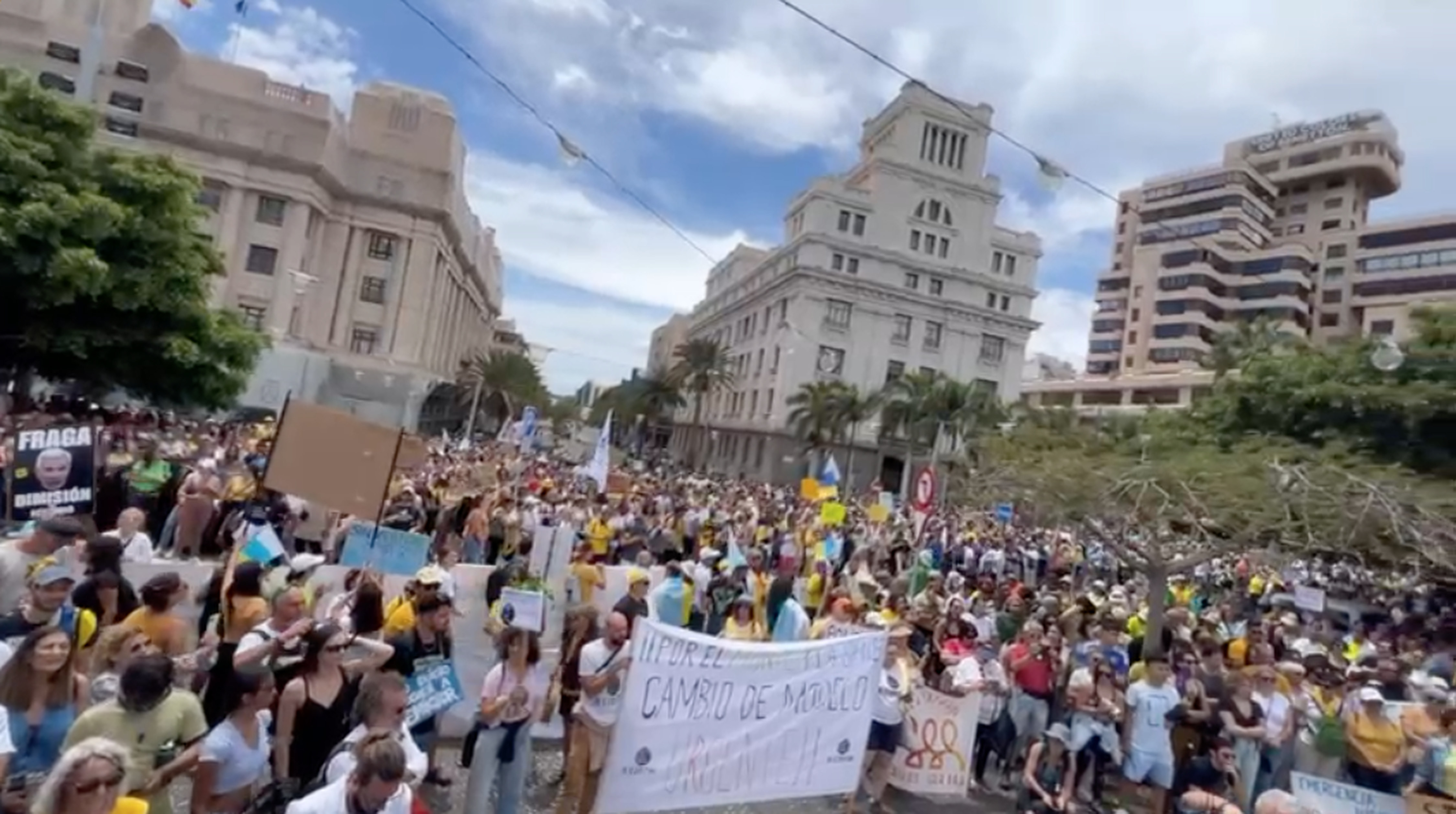 Protestors waved Canary Islands’ flags and blew vuvuzelas to make a deafening noise