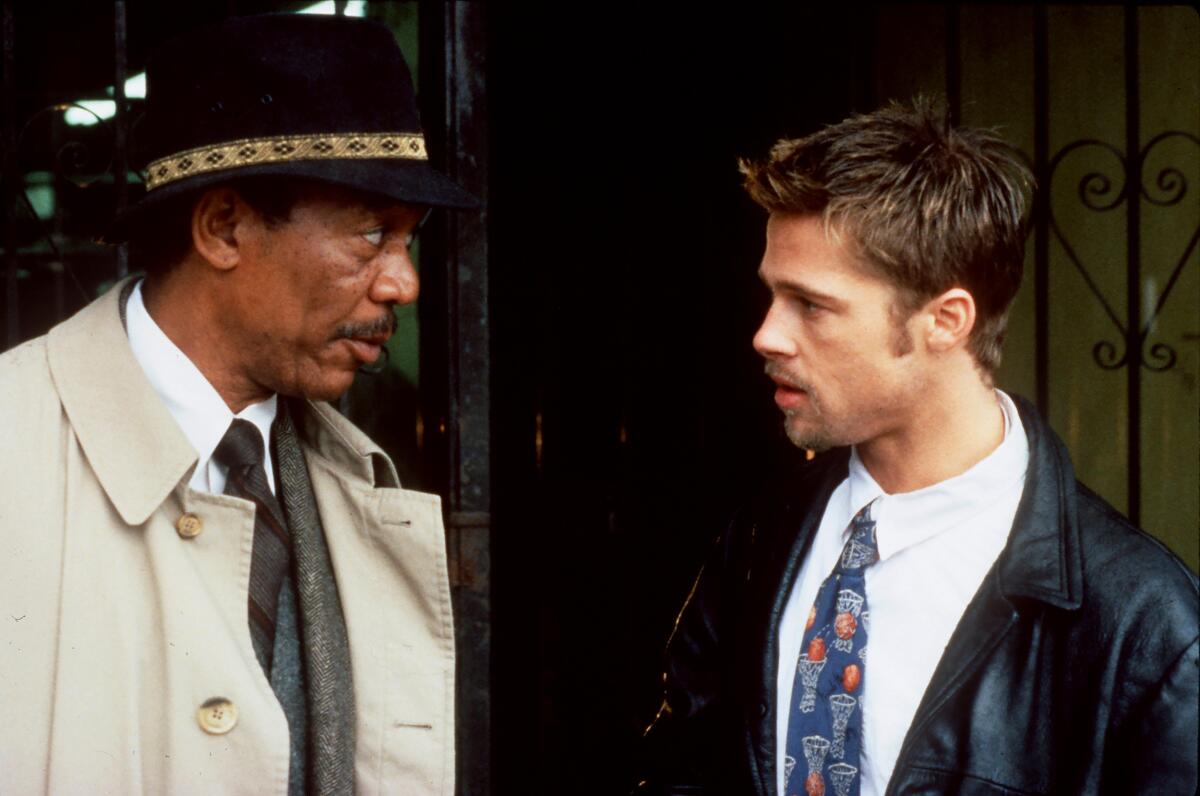 Morgan Freeman, left, and Brad Pitt in David Fincher's "Seven" from 1995.