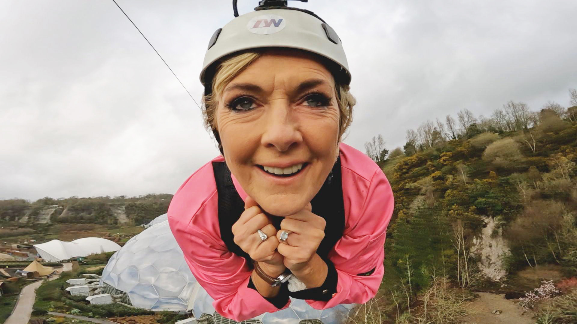 She headed into the treetops above the Eden Project in Cornwall for a ride on England’s fastest zipline