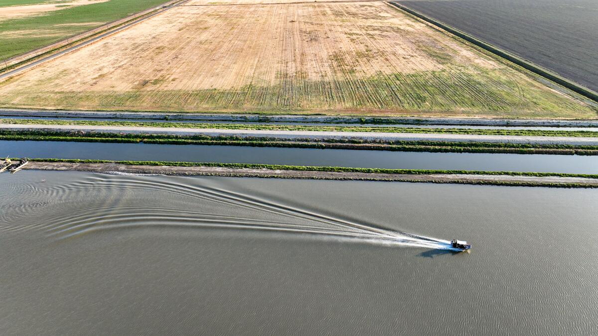 A boat skims across Tulare Lake.