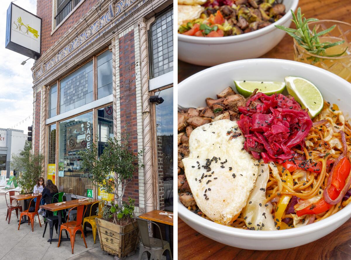 Sage Vegan Bistro, now Sage Regenerative Kitchen & Brewery, in Echo Park. Right, regenerative noodle bowl with carne asada.