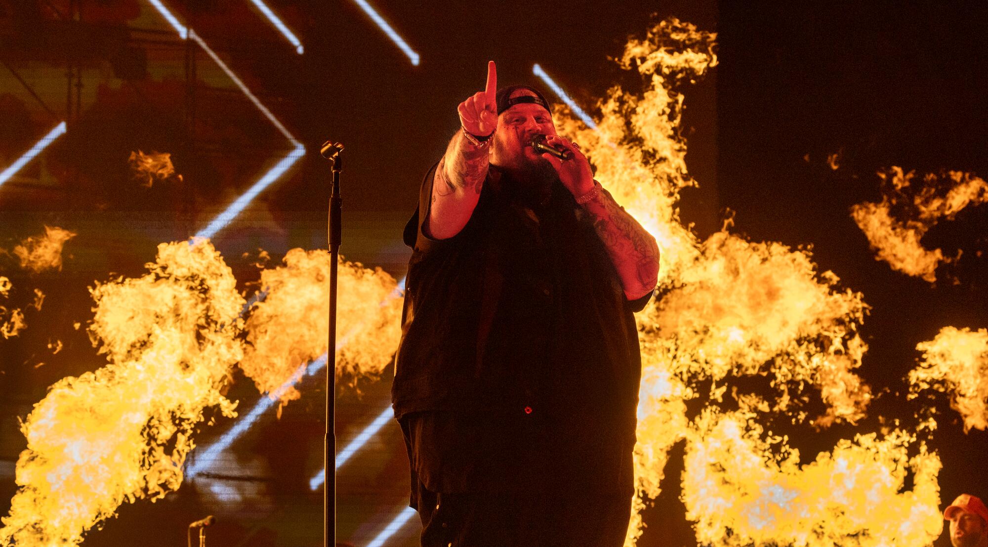 Jelly Roll performs on the Mane Stage on the first day of the Stagecoach Country Music Festival.