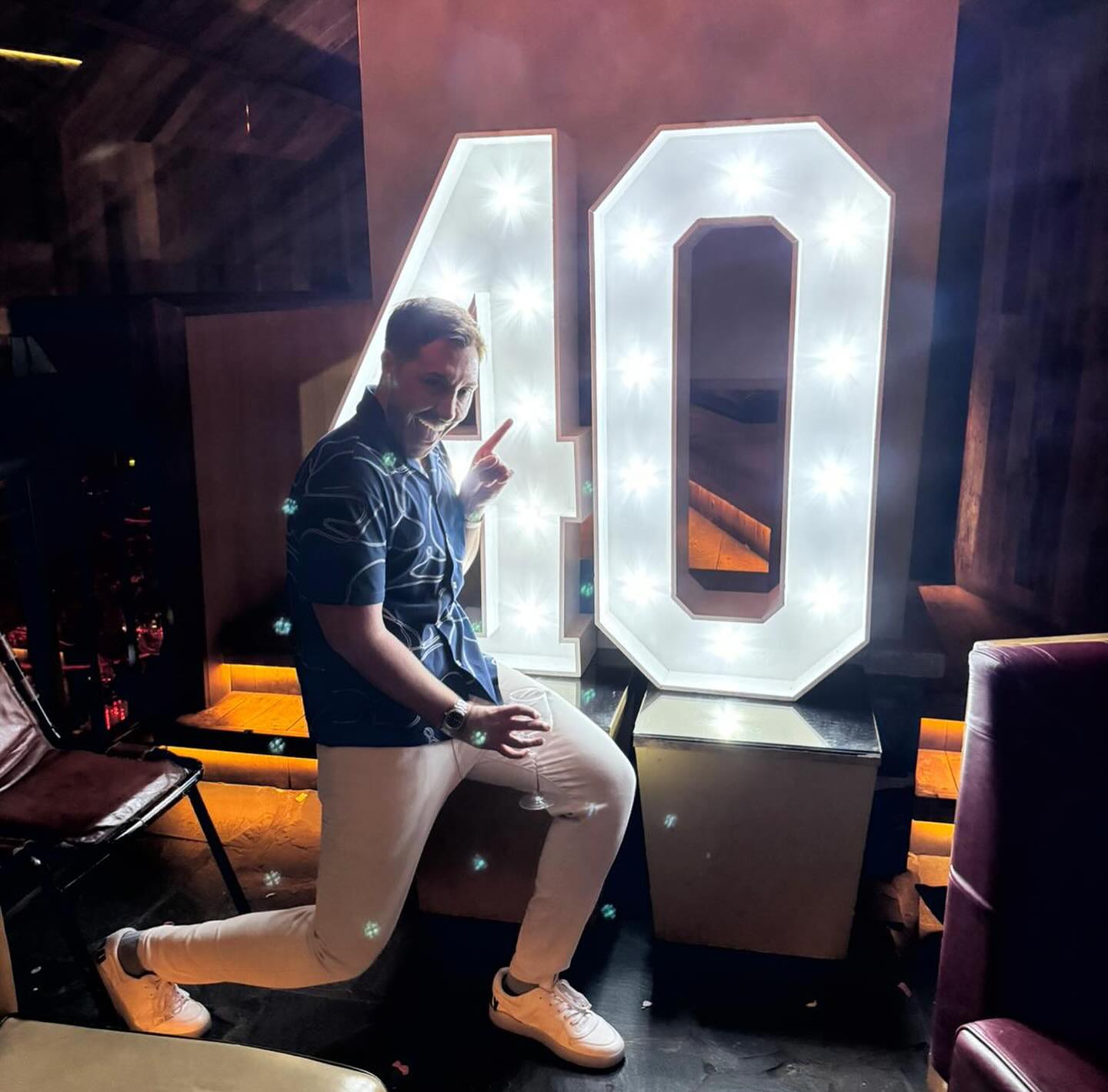 The actor celebrated his 40th birthday milestone with a lavish bash and neon sign