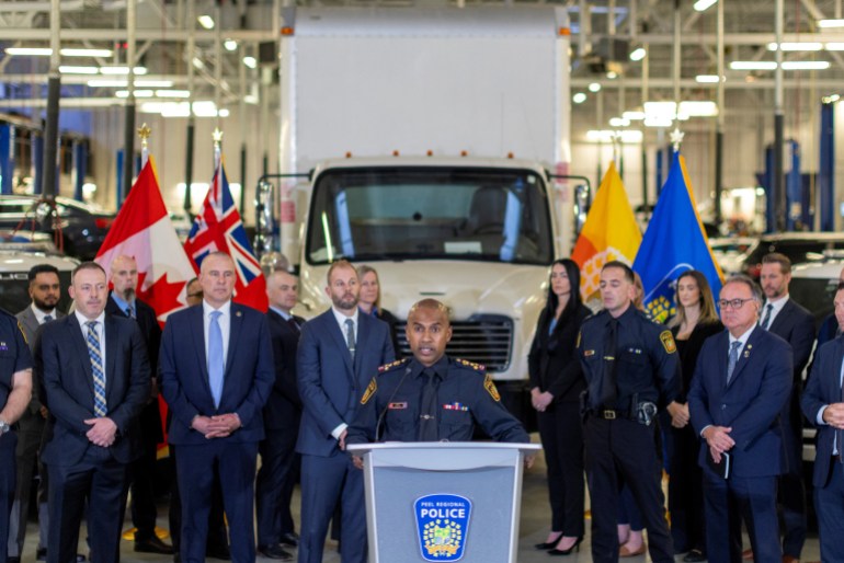 Police hold a news conference in Ontario, Canada, about a 2023 gold heist at Toronto Pearson International Airport