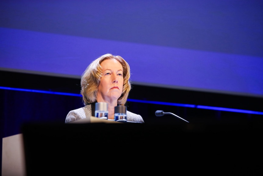 Woodside CEO Meg O'Neill sits at the companies AGM looking serious.