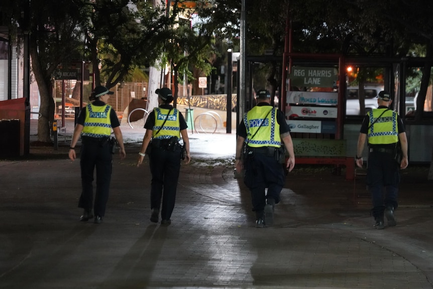 the backs four police officers walking in a dark street