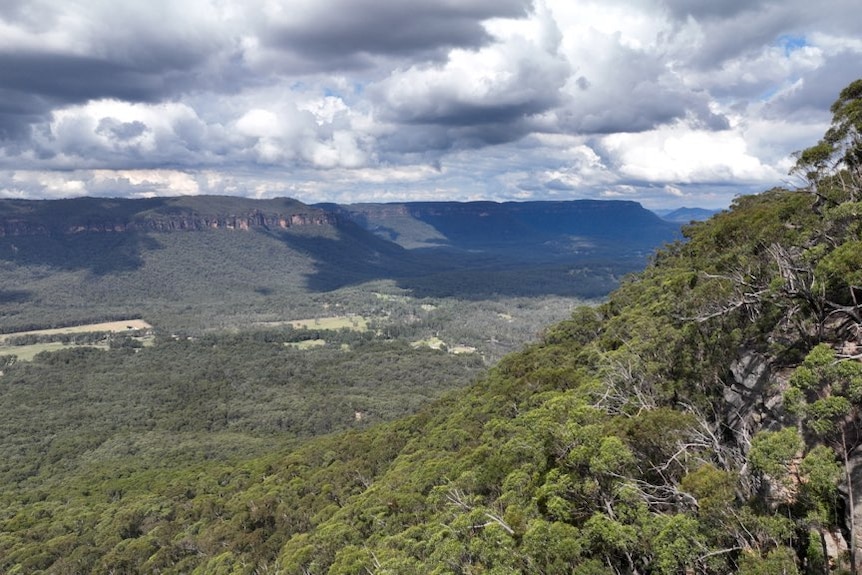 A wide shot of a valley 