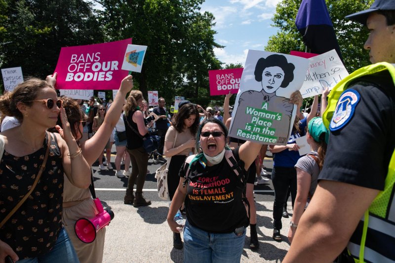 Anti-abortion protesters demonstrate over abortion rights in front of the U.S. Supreme Court on the first anniversary of court's ruling in the Dobbs v. Women's Health Organization case, which overturned Roe v. Wade and gave states the ability to determine their own abortion laws. Arizona's Supreme Court on April 9 upheld the state's 160-year ban on abortions from the moment of conception with the only exception being to save the mother's life. File Photo by Annabelle Gordon/UPI