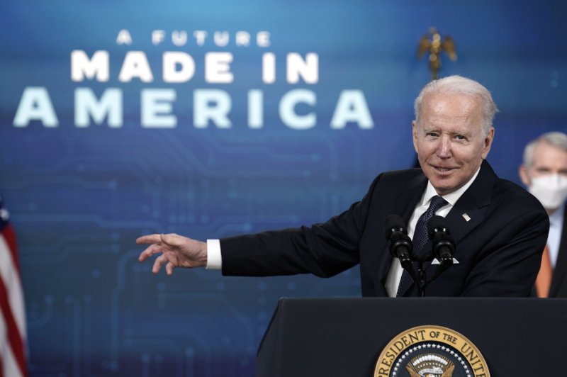 President Joe Biden delivers remarks on the supply of semiconductors at the White House on January 21, 2022. He touted a new $6.6 billion semiconductor deal with TSMC on Monday. File Photo by Yuri Gripas/UPI