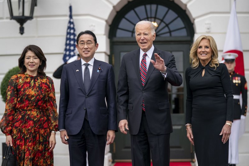 President Joe Biden and first lady Jill Biden welcome Prime Minister of Japan Fumio Kishida and his wife, Yuko Kishida, to the White House in Washington, D.C., on Tuesday. Photo by Bonnie Cash/UPI