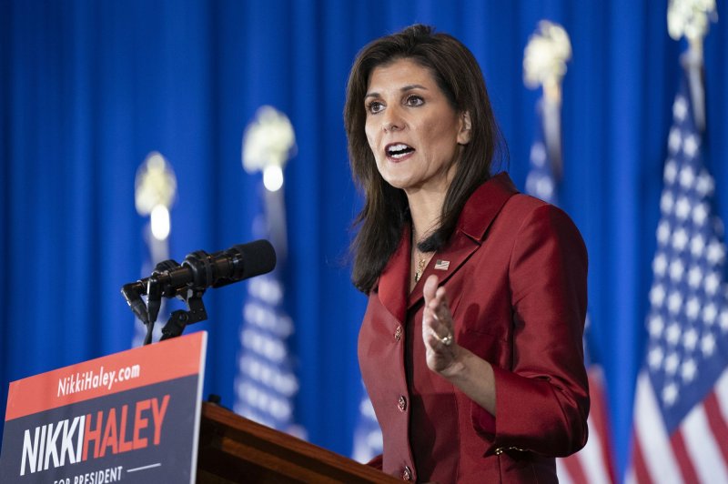 Former Republican presidential candidate Nikki Haley speaks during her primary night watch party at The Charleston Place in Charleston in February. Earlier this week, it was announced she will join the conservative Hudson Institute. File Photo by Bonnie Cash/UPI