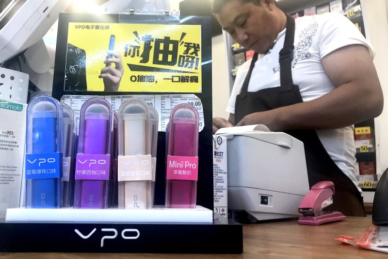 E-cigarettes sold in a grocery store in downtown Beijing, China in 2019. On Tuesday, the FDA said the U.S. seized illegal e-cigaratte products valued over $700,000. File Photo by Stephen Shaver/UPI