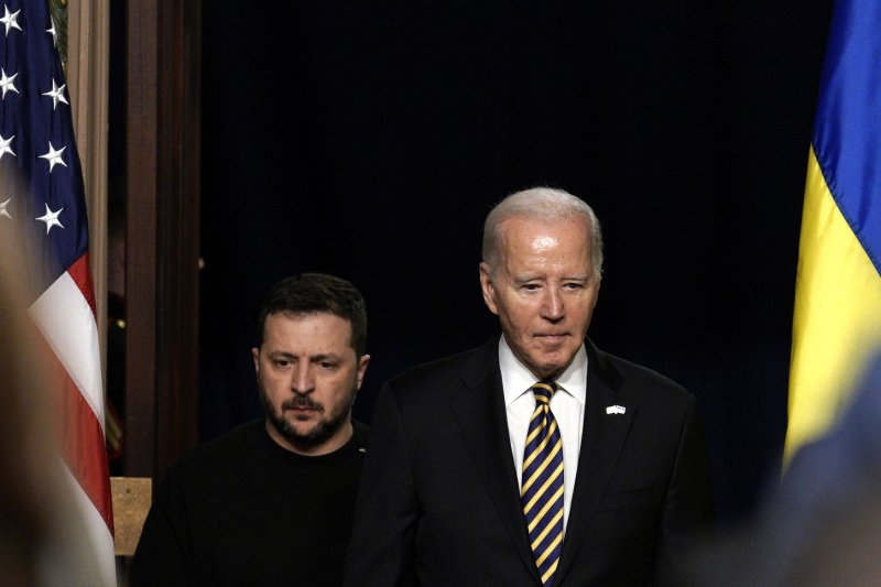 U.S. President Joe Biden and Ukrainian President Volodymyr Zelensky arrive at a joint press conference after their meeting at the White House in Washington, D.C., in December. On Wednesday, the U.S. Defense Department unveiled a news package of weaponry for Ukraine. File Photo by Yuri Gripas/UPI