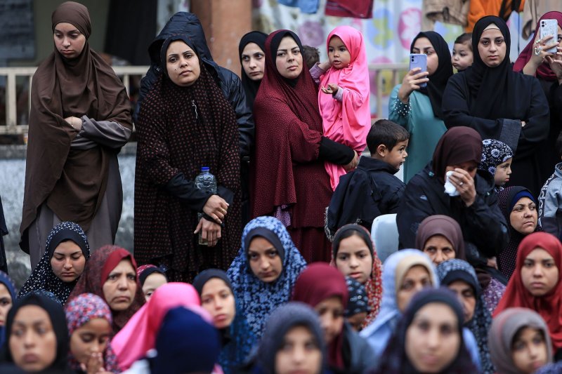 Displaced Palestinians attend a special morning prayer to start the Eid al-Fitr festival, marking the end of the holy month of Ramadan, at a school-turned-shelter in Rafah, southern Gaza Strip, on Wednesday, April 10, 2024, amid the ongoing conflict between Israel and Palestinian militants in Gaza. Photo by Ismael Mohamad/UPI