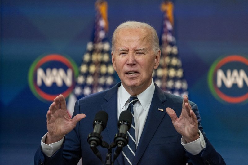 President Joe Biden delivers virtual remarks at the National Action Network Convention at the White House on Friday, April. The president touted record-low Black unemployment and a 60% increase in Black wealth, but warned of "extreme voices" who want to "turn back the clock." Photo by Ken Cedeno/UPI