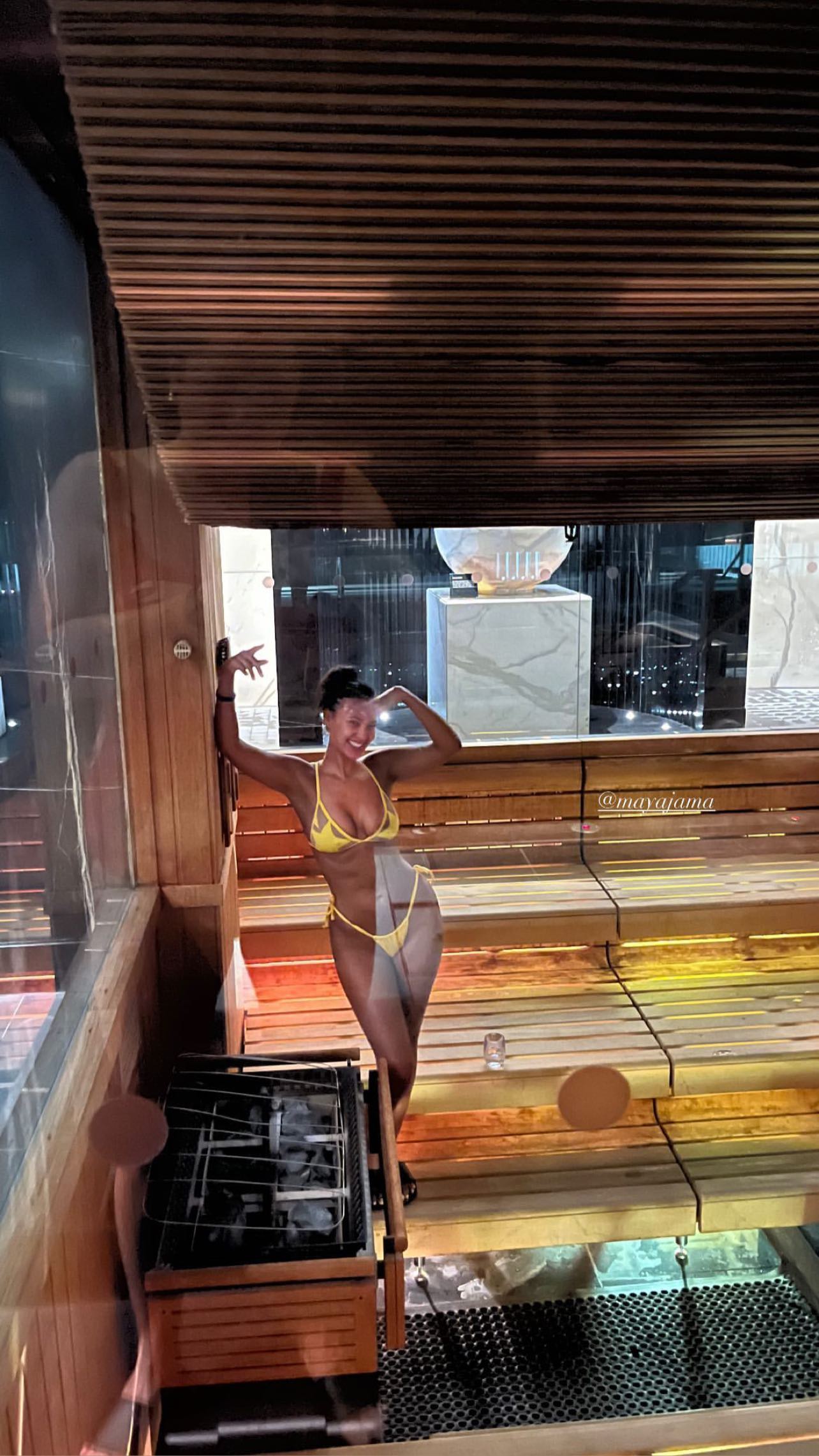 Maya Jama looked sensational as she stripped to a yellow bikini in a sauna