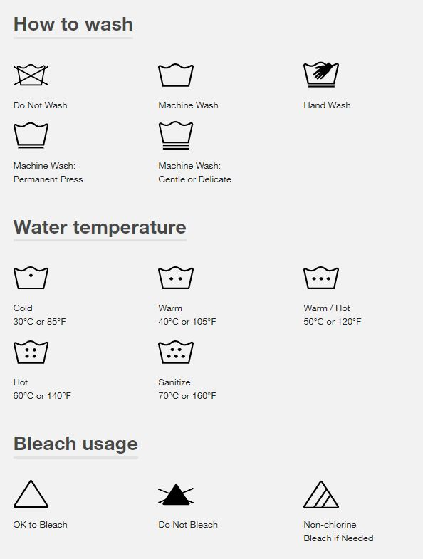 The tub symbols tell you how to wash an item, while triangles indicate bleach usage