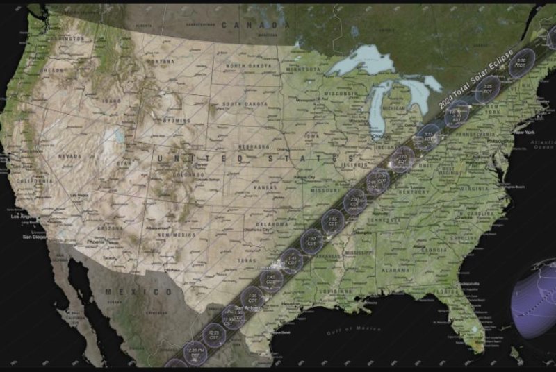 NASA said Friday the April 8 solar eclipse will be visible in most of North America. Along the depicted "line of totality" millions of people from Texas to Maine will see a total eclipse of the Sun. Photo courtesy of NASA