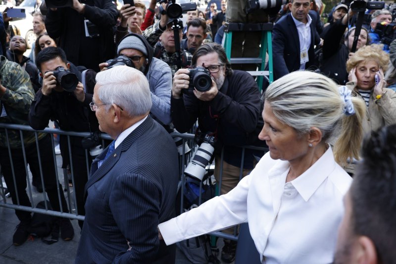 U.S. District Judge Sidney Stein Thursday ordered separate trials for Democratic New Jersey Sen. Robert Menendez and wife, Nadine, due to her recent diagnosis of an undisclosed illness. They face bribery and obstruction charges. They are pictured leaving federal court in New York City after pleading not guilty Sept. 23, 2023. File Photo by John Angelillo/UPI