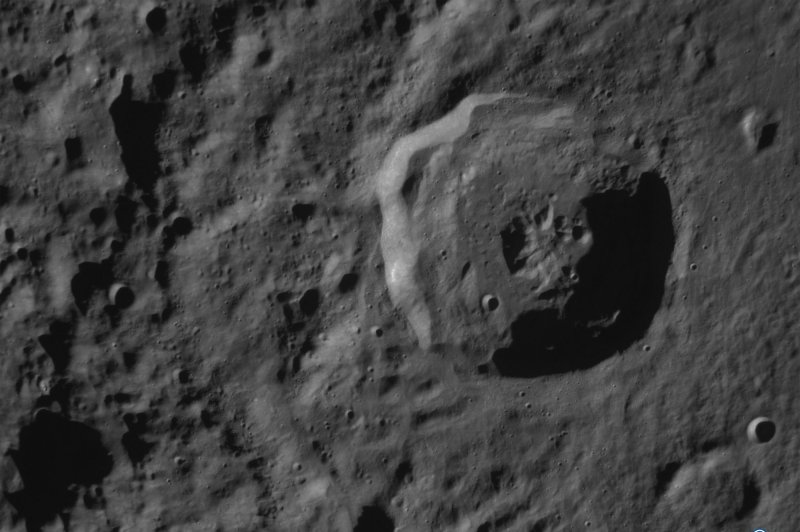 Odysseus' Terrain Relative Navigation camera captured this image of the Bel'kovich K crater in the Moon's northern equatorial highlands in February. Scientists are working on ways to explore no-gravity environments such as the moon and asteroids. Photo courtesy of Intuitive Machines/UPI
