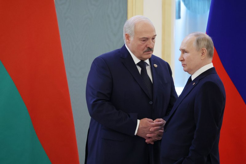 Russian President Vladimir Putin (R) and Belarusian President Alexander Lukashenko shake hands during a meeting of the Supreme State Council of the Union State of Russia and Belarus at the Kremlin in Moscow, Russia, on April 6, 2023. On Monday, the United States and Canada hit Belarus with sanctions over its support of Russia's war in Ukraine and human rights abuses. File Photo by Mikhael Klimentyev/EPA-EFE