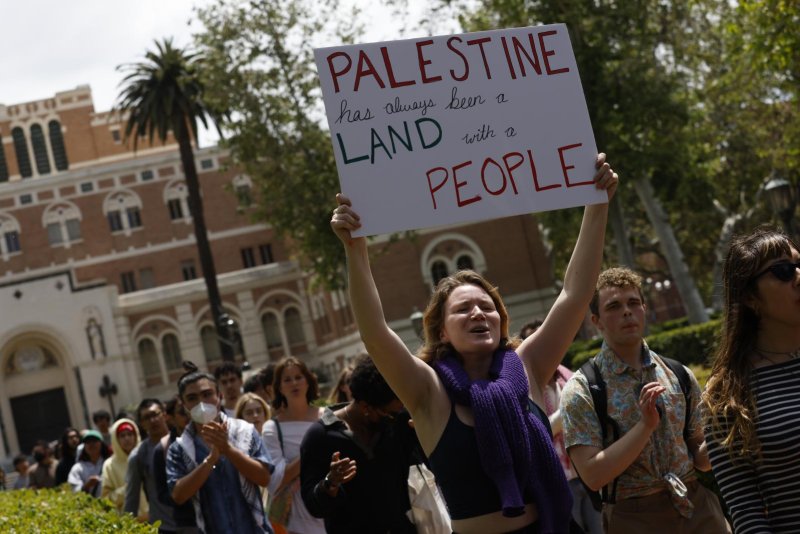 Students march during a pro-Palestine protest at the University of Southern California in Los Angeles on Wednesday. USC on Thursday announced it has canceled its main graduation ceremony amid heightened safety concerns and a wave of protests on college campuses across the United States. Photo by Caroline Brehman/EPA-EFE