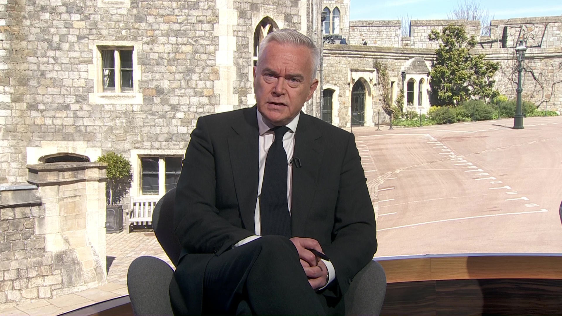 Huw Edwards presenting the BBC coverage of the funeral of Prince Philip