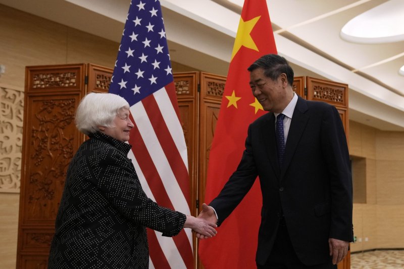 Treasury Secretary Janet Yellen on Friday met with Chinese Vice Premier He Lifeng and other officials and business leaders on her first full day in Beijing. Pool Photo by Andy Wong/EPA-EFE