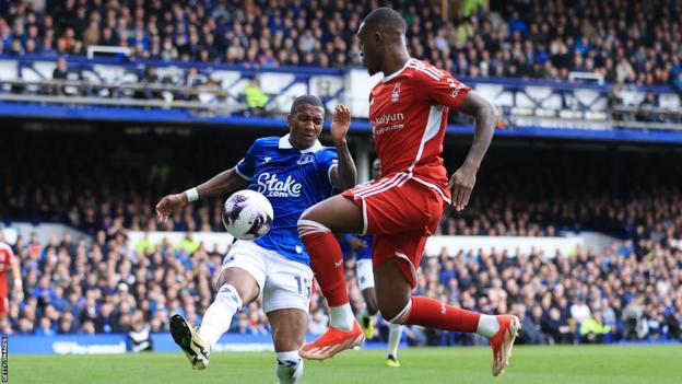 Ashley Young tries to block Callum Hudson-Odoi's cross in the Premier League match between Everton and Nottingham Forest