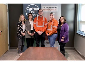 Photo (L-R): Amy Yeager, Carlton Trail College President and CEO; Deanna Gaetz, Carlton Trail College Business and Skills Training Director; Phillip Tysoe Lead Principal Training, BHP; Bianca Matthews, Manager Organizational Readiness, BHP; Jennifer Fafard, Coordinator Training, BHP