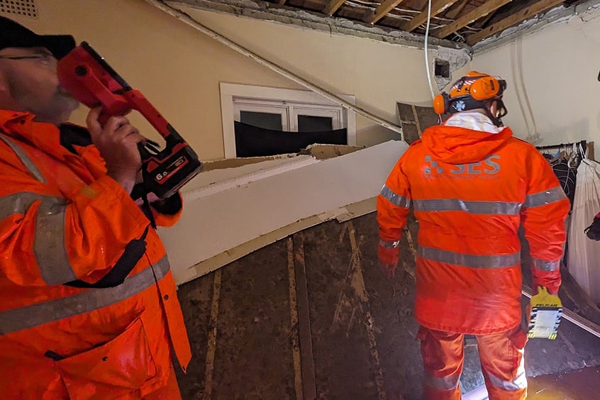 NSW SES inside a house after the roof caved in