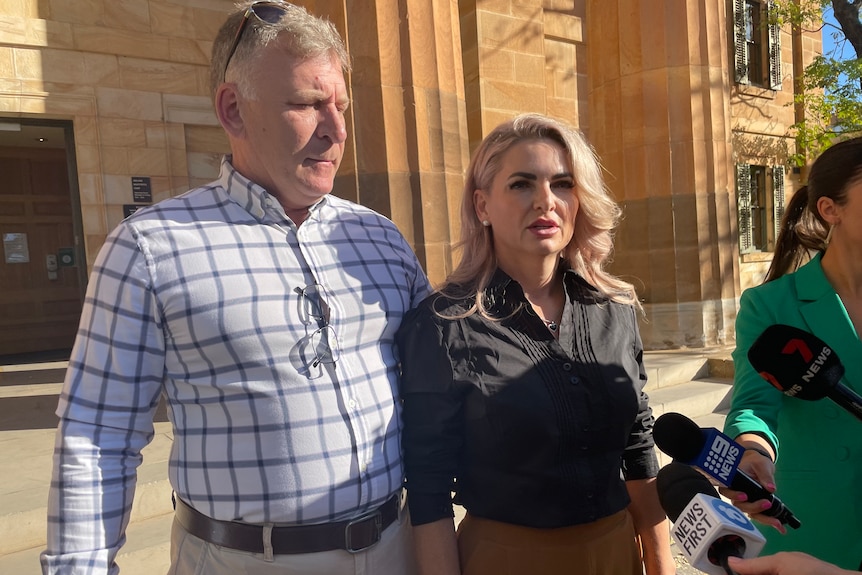 Kylee Butterick speaks to the media outside court.