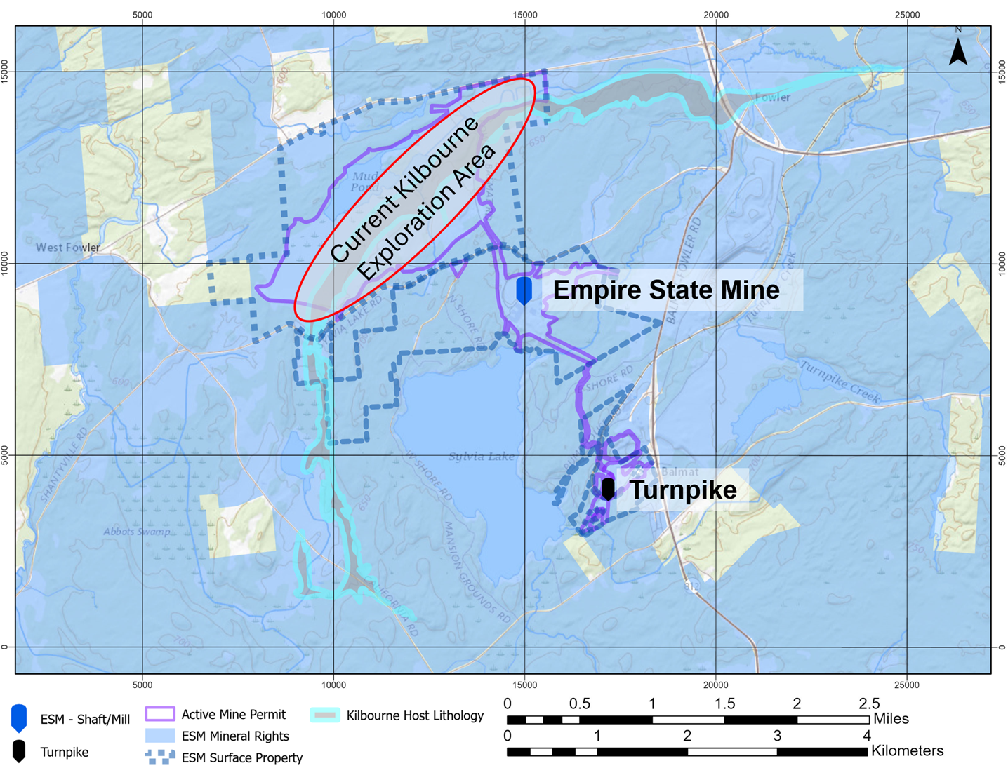 Location of the Kilbourne Project relative to ESM Operations, solid hollow shape represents the active mine area currently permitted.