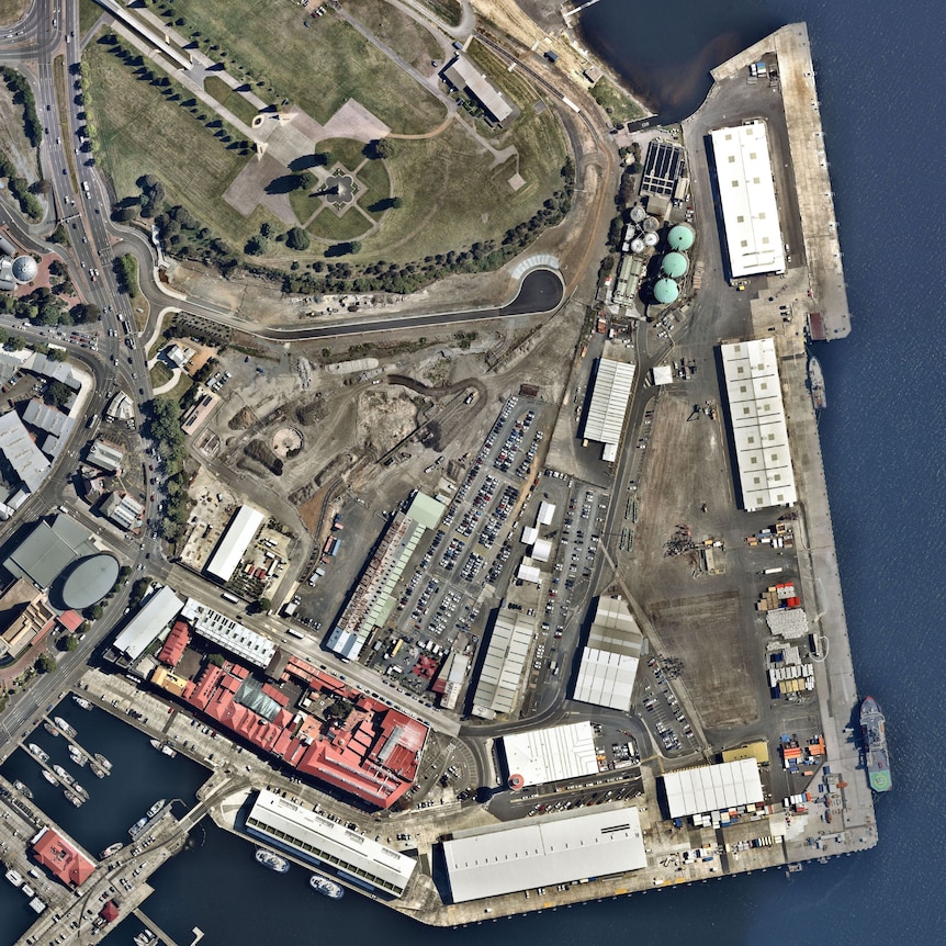 An aerial view of Macquarie Point in Hobart, Tasmania.