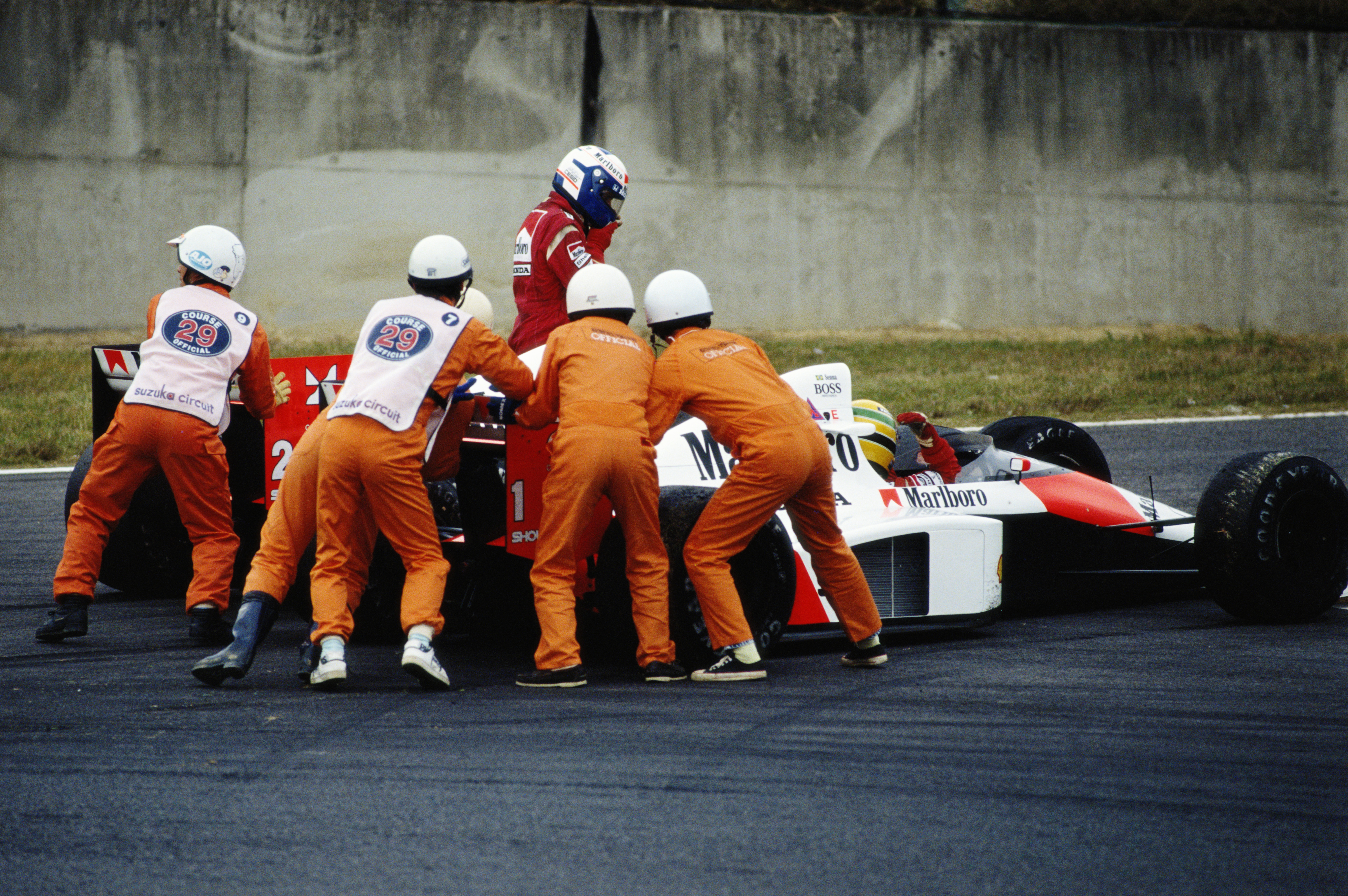 Alain Prost was knocked out a crucial championship race by Senna