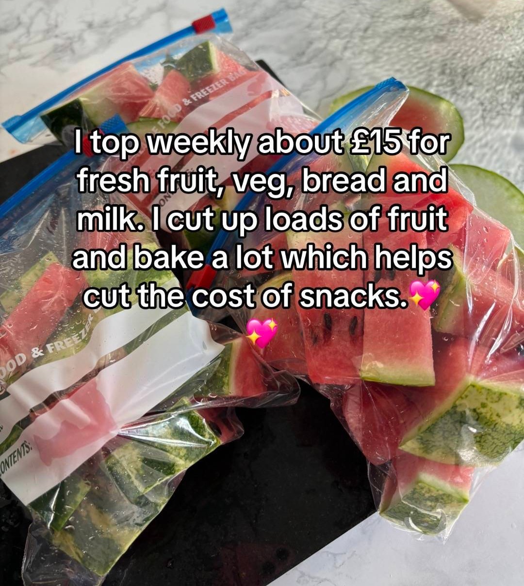 She also cuts up fruit and bakes a lot to save money on snacks