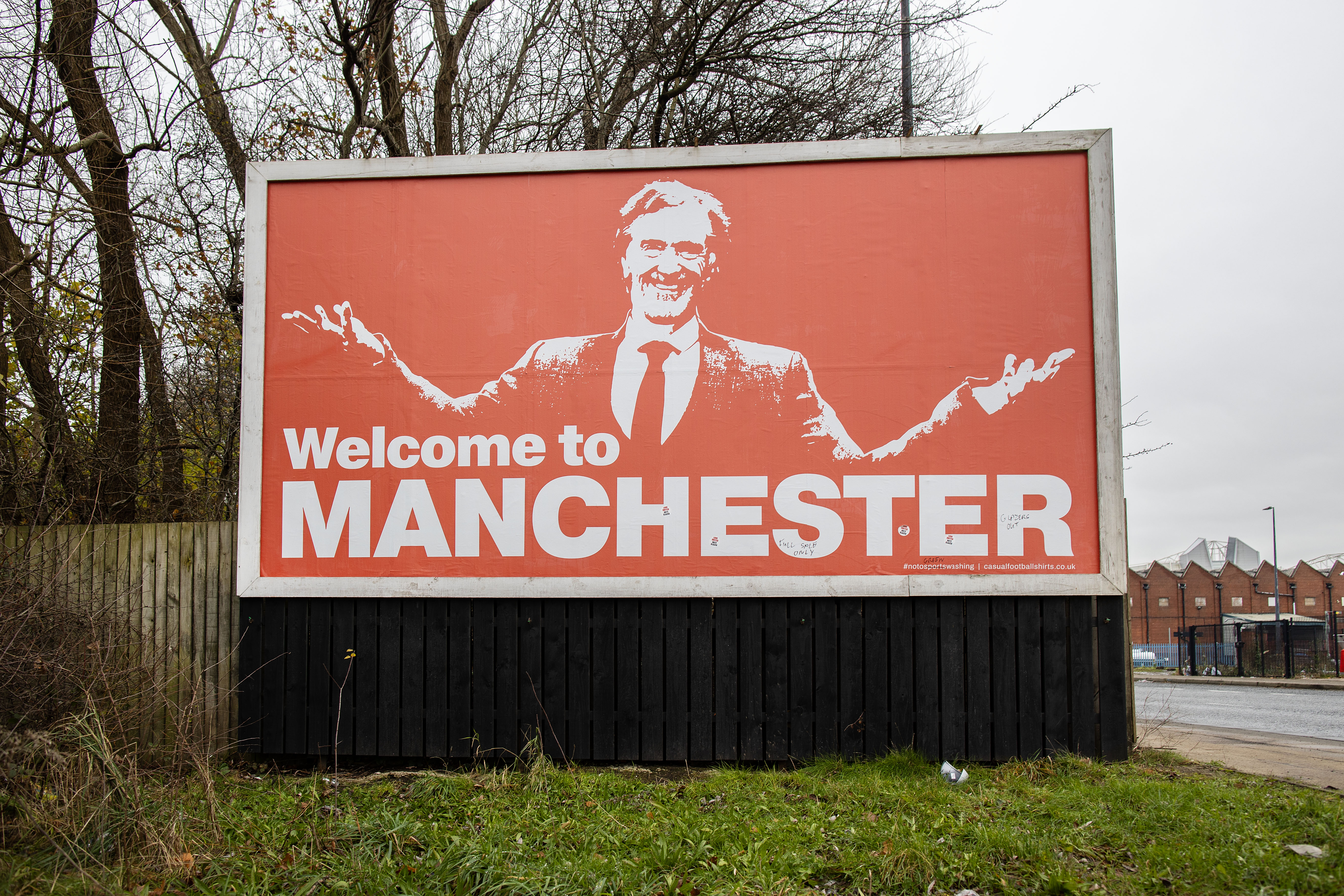 A billboard with Sir Jim Ratcliffe on the front appeared in Manchester shortly after he bought a stake in United