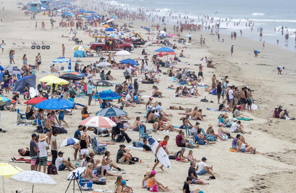 A crowded beach on a sunny day 