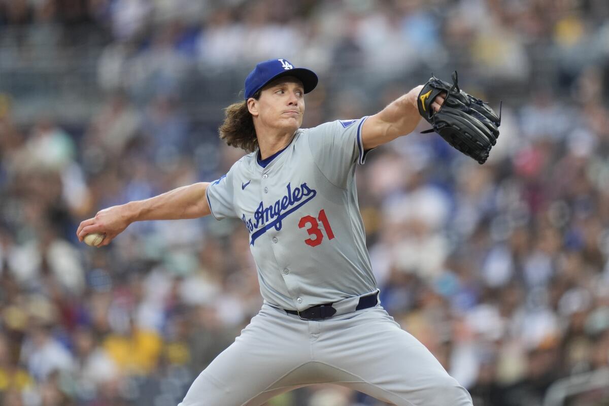 Los Angeles Dodgers starting pitcher Tyler Glasnow works against a San Diego Padres batter.