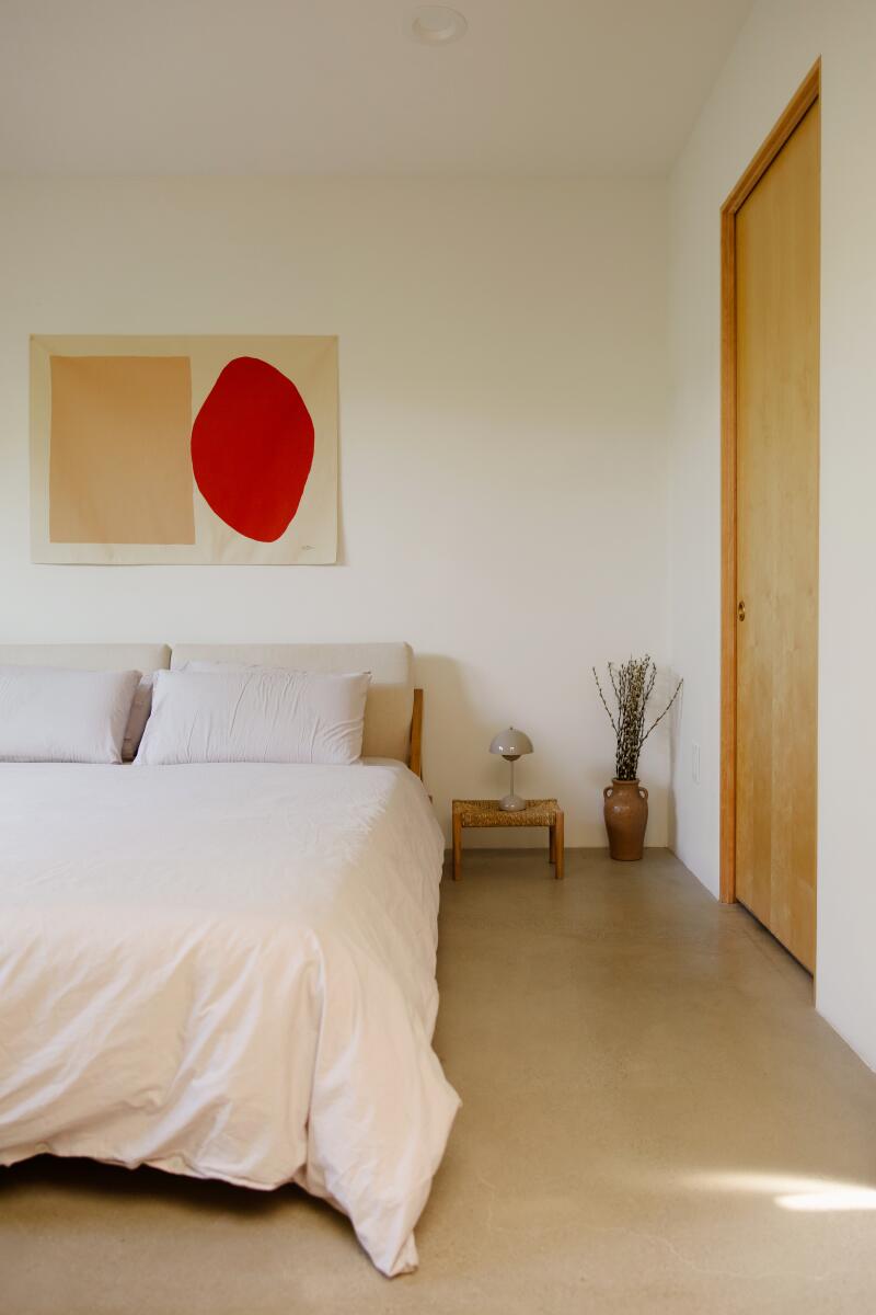 A bedroom with a walk-in closet near the bed.