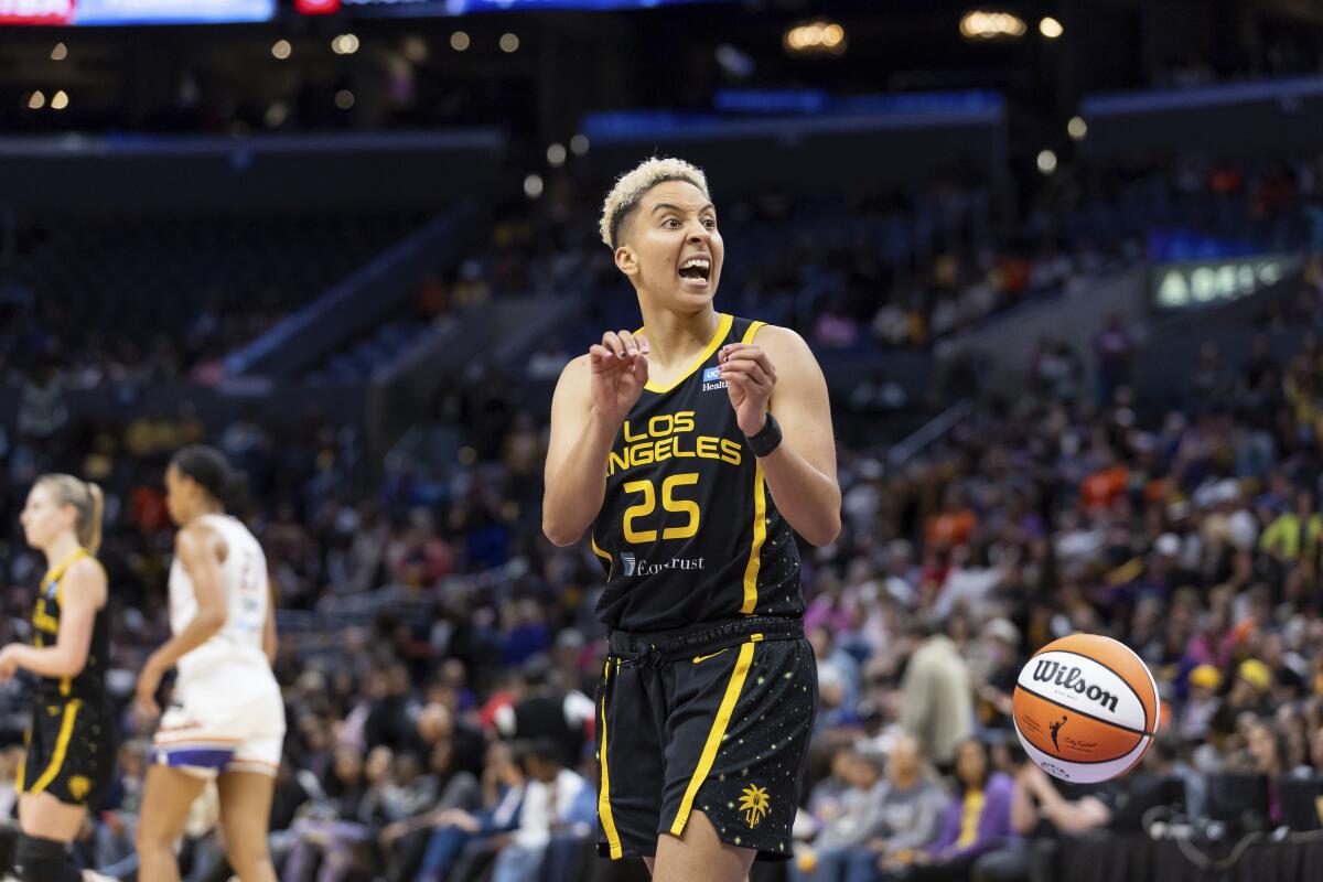 Sparks guard Layshia Clarendon lets out yell during a game against the Mercury.